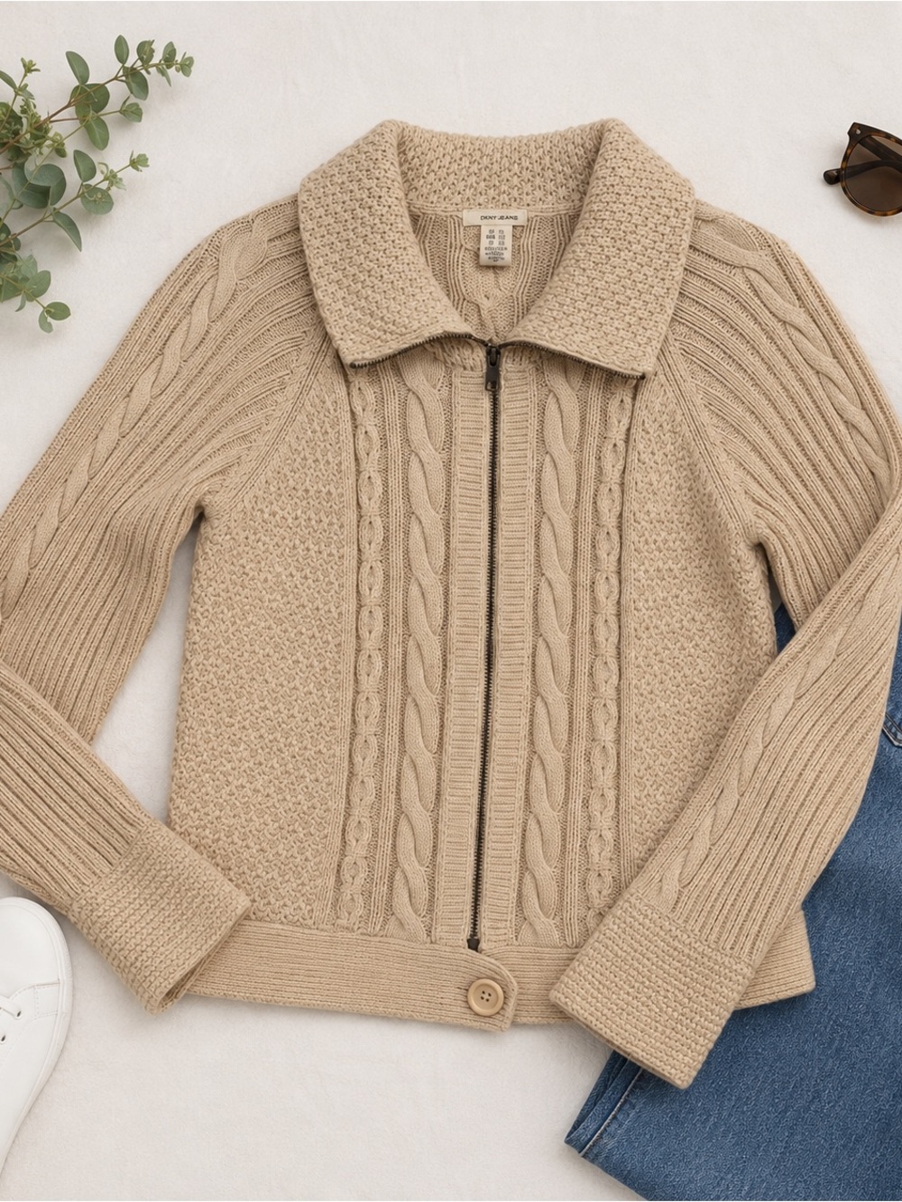 DKNY Jeans Sweater Jacket Womens XL Beige Cable Knit Full Zip Up Fold Collar